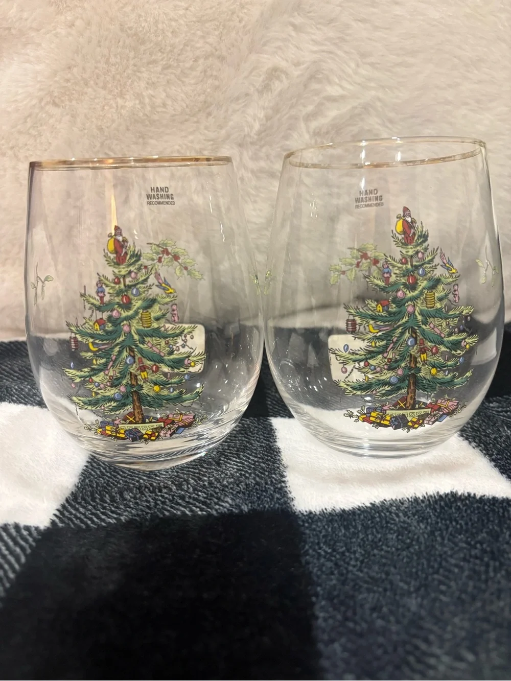 Set of 2/Spode Christmas Tree Stemless Wine Glasses with Gold Rim
